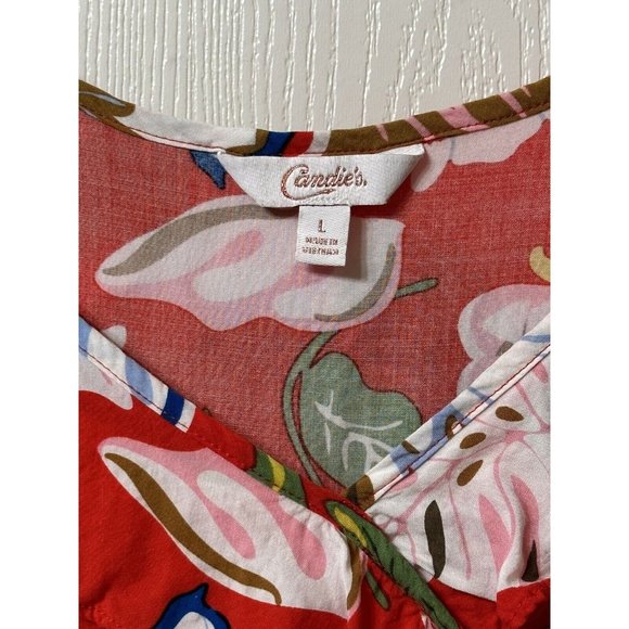 Candies Y2K Red Floral Cold Shoulder Sun Dress w/ Sash Belt Pockets Sz L - Picture 2 of 7